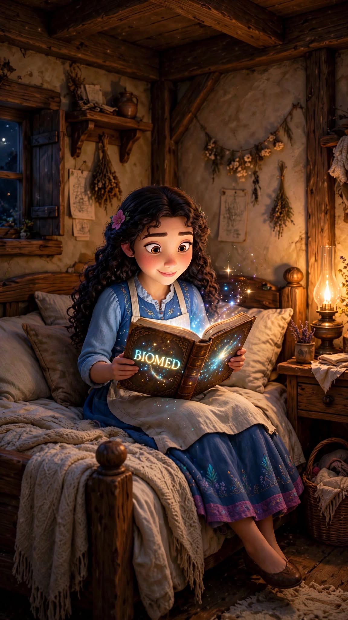 Marie reading the glowing BioMed book in the evening