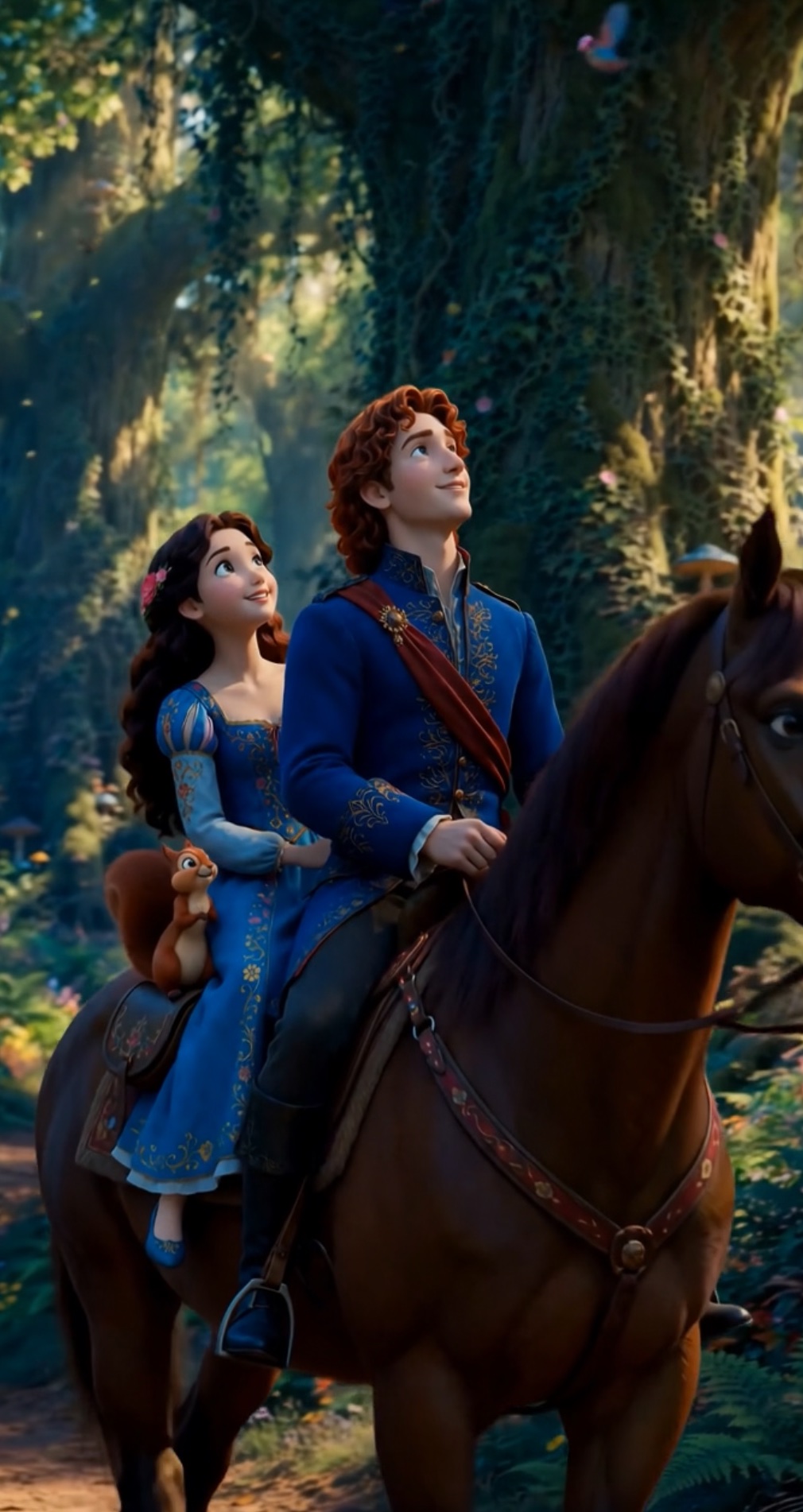 Mari and the Prince riding through the sunny forest with the squirrel